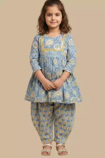 Blue printed cotton kurta set