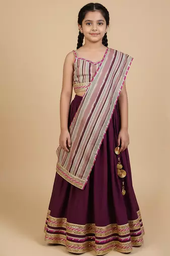 Burgundy embroidered cotton lehenga set