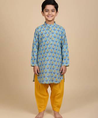 Blue printed cotton kurta pyjama 1