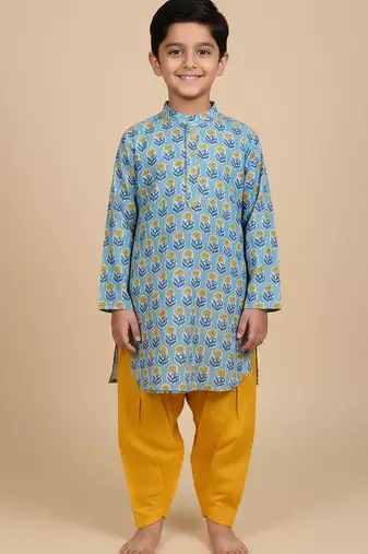 Blue printed cotton kurta pyjama