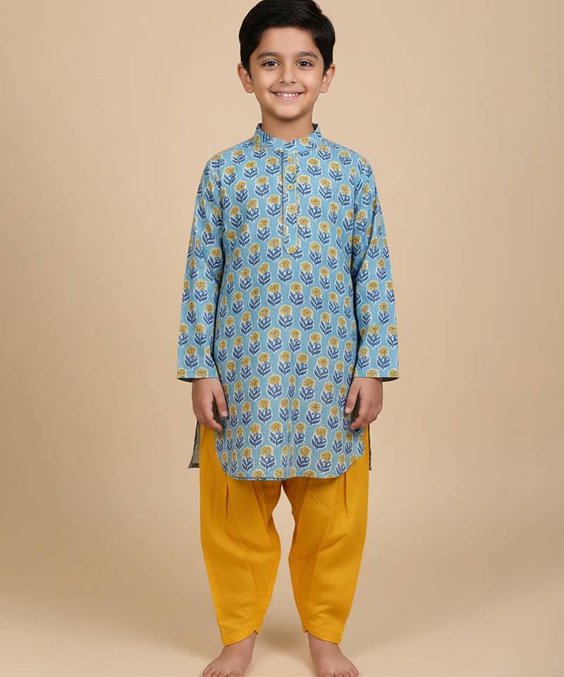 Blue printed cotton kurta pyjama
