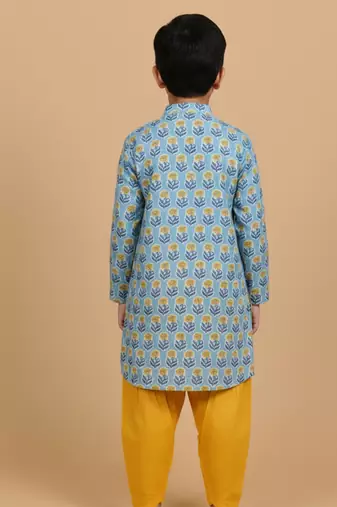 Blue printed cotton kurta pyjama