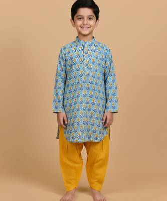 Blue printed cotton kurta pyjama 3