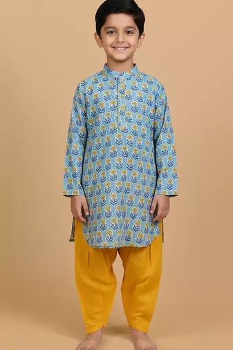 Blue printed cotton kurta pyjama