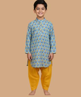 Blue printed cotton kurta pyjama 4