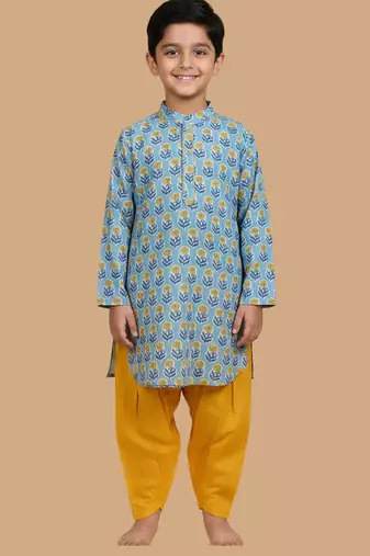 Blue printed cotton kurta pyjama