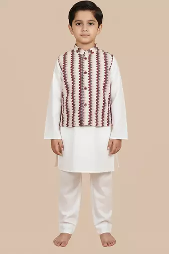 White printed cotton nehru jacket set