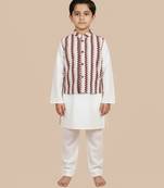 White printed cotton nehru jacket set