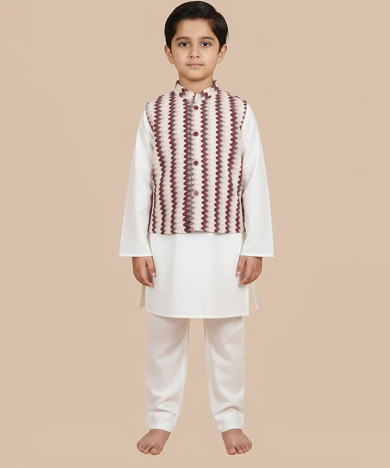 White printed cotton nehru jacket set