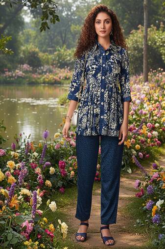 indigo blue printed silk co-ord set for day out