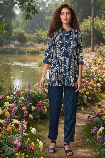 indigo blue printed silk co-ord set for day out