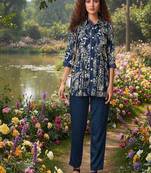 indigo blue printed silk co-ord set for day out