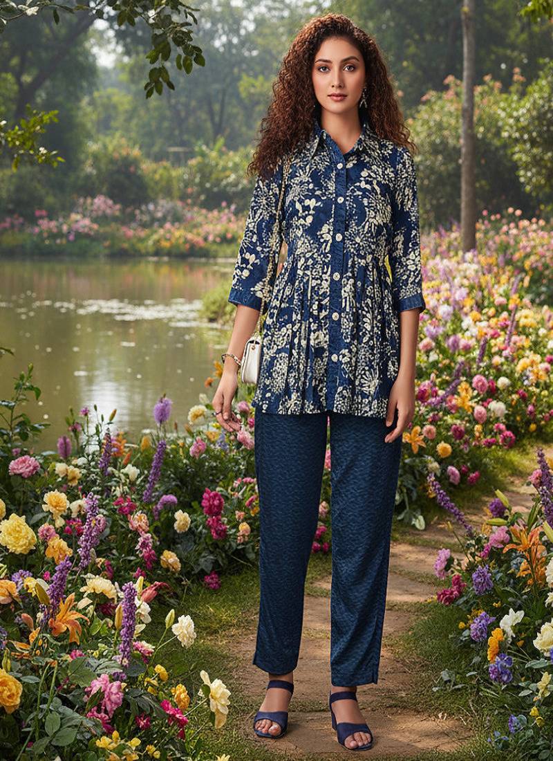 indigo blue printed silk co-ord set for day out