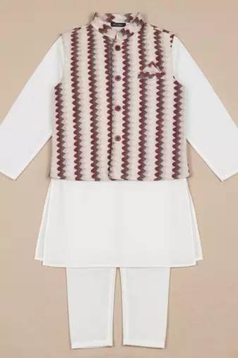 White printed cotton nehru jacket set