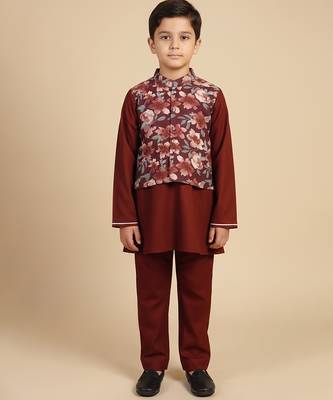 Burgundy printed cotton nehru jacket set 1