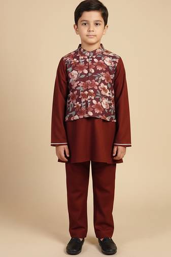 Burgundy printed cotton nehru jacket set