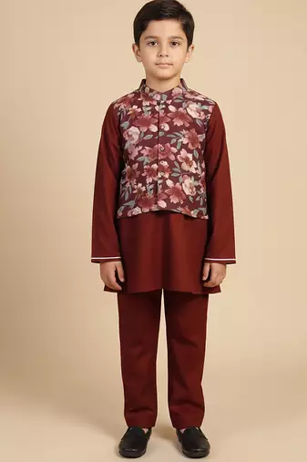 Burgundy printed cotton nehru jacket set