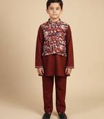 Burgundy printed cotton nehru jacket set