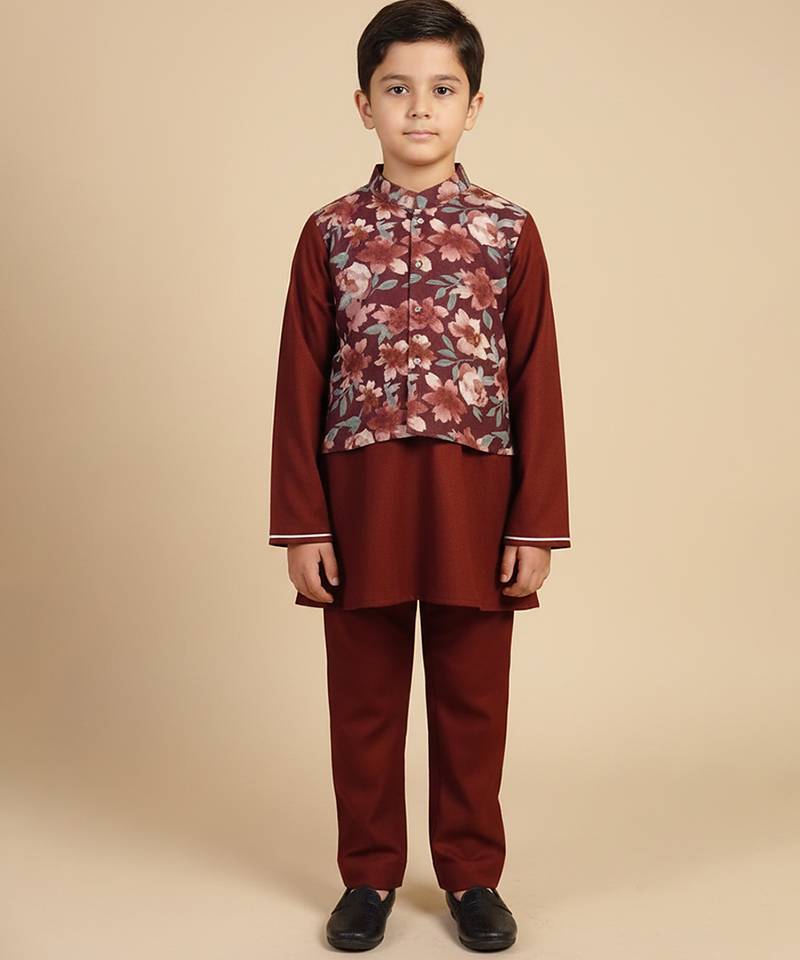 Burgundy printed cotton nehru jacket set
