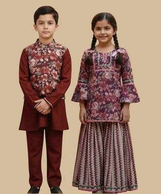 Burgundy printed cotton nehru jacket set 2