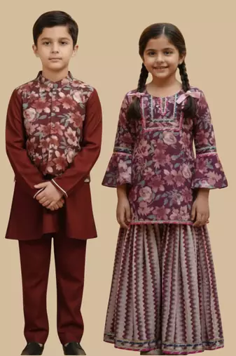 Burgundy printed cotton nehru jacket set