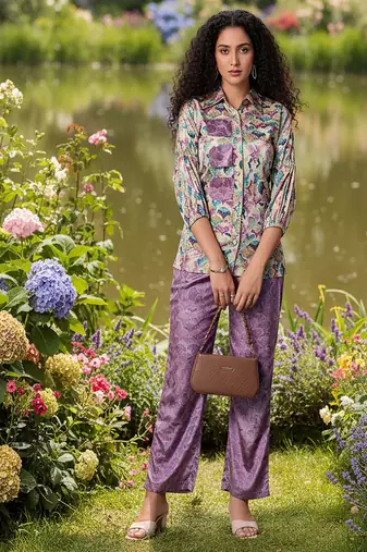 multicolor printed silk co-ord set for casual outings