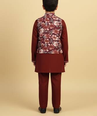 Burgundy printed cotton nehru jacket set 3