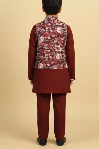 Burgundy printed cotton nehru jacket set