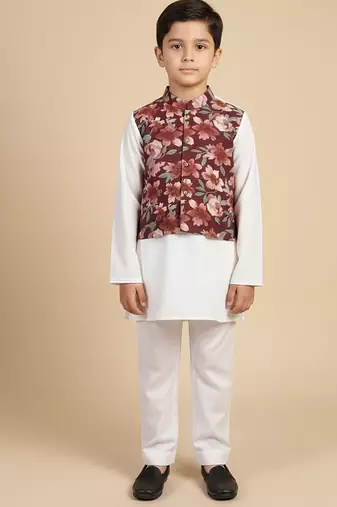 Burgundy printed cotton nehru jacket set