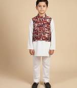 Burgundy printed cotton nehru jacket set