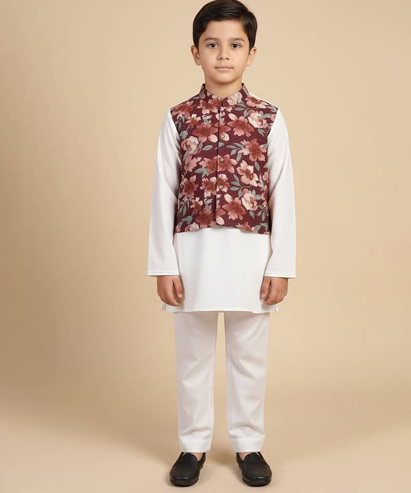 Burgundy printed cotton nehru jacket set
