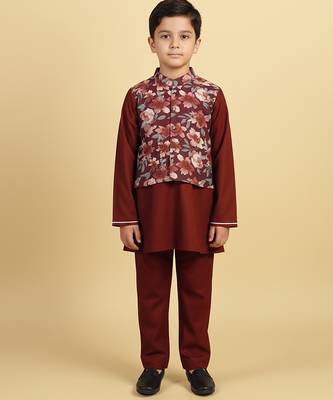 Burgundy printed cotton nehru jacket set 4