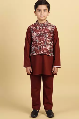 Burgundy printed cotton nehru jacket set