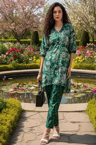 emerald green printed silk co-ord set for daywear
