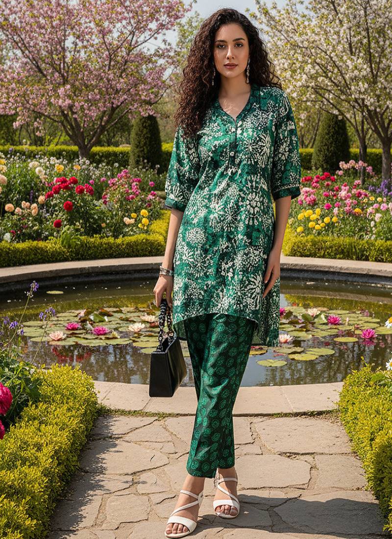 emerald green printed silk co-ord set for daywear