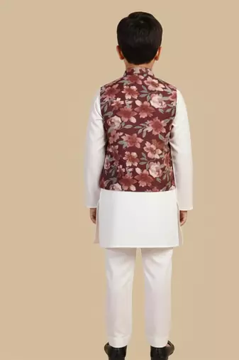 Burgundy printed cotton nehru jacket set
