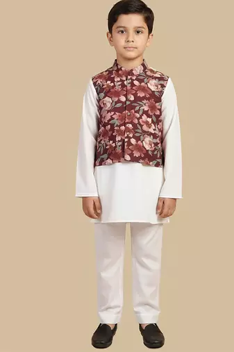 Burgundy printed cotton nehru jacket set
