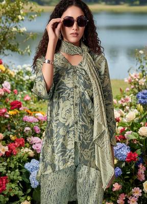 olive green printed silk co-ord set for day outings 2
