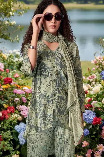 olive green printed silk co-ord set for day outings