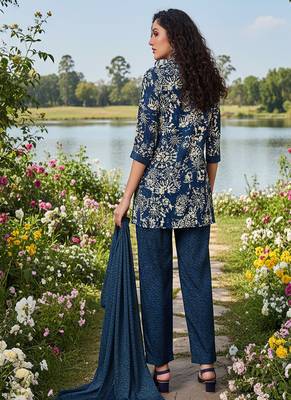 indigo blue printed silk co-ord set for day out 2
