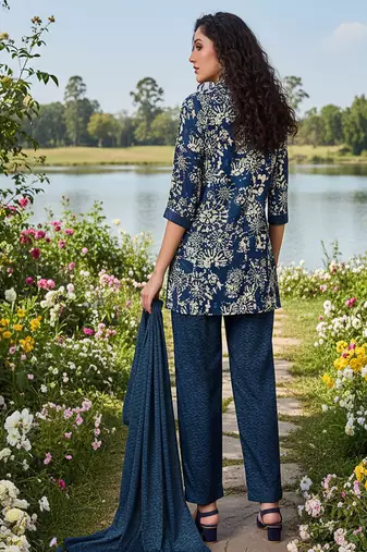 indigo blue printed silk co-ord set for day out