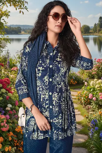 indigo blue printed silk co-ord set for day out