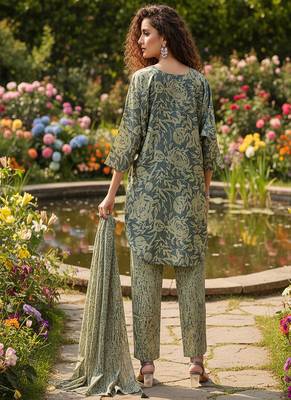 olive green printed silk co-ord set for day outings 3