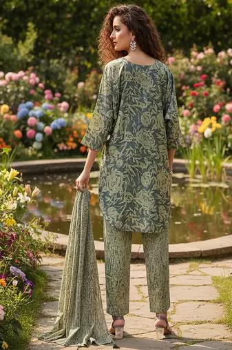 olive green printed silk co-ord set for day outings