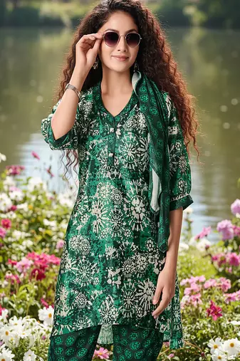 emerald green printed silk co-ord set for daywear