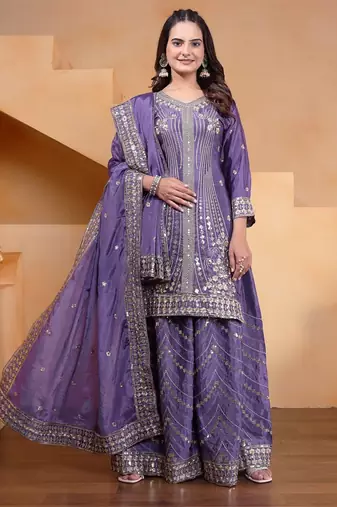 Designer chinnon embroidered sharara suit