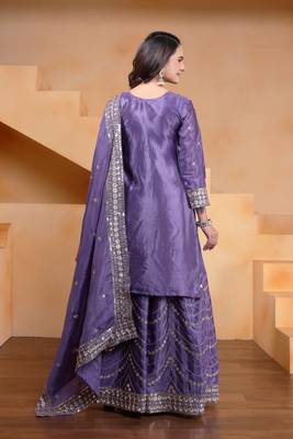 Designer chinnon embroidered sharara suit 4