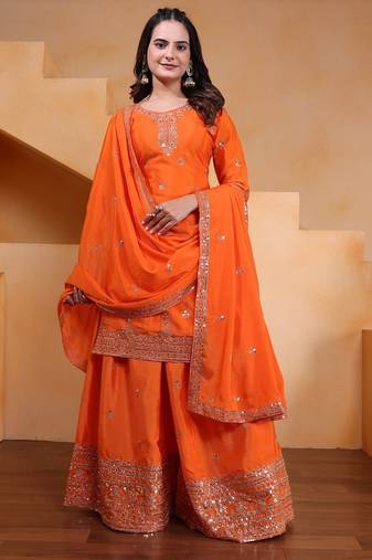 Designer chinnon embroidered sharara suit