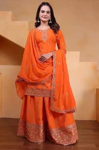 Designer chinnon embroidered sharara suit