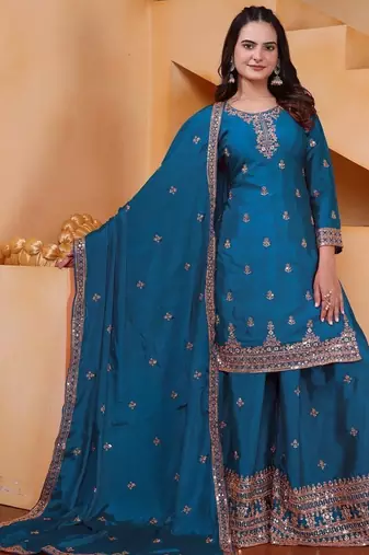 Designer chinnon embroidered sharara suit